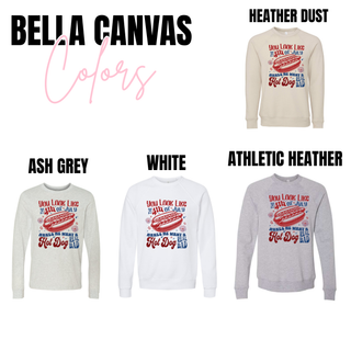 bella canvas color options including heather dust white and athletic heather with 4th of july hot dog graphic