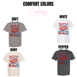 comfort colors options including grey ivory white and pepper with 4th of july hot dog graphic
