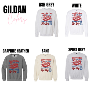 gildan color options including ash grey white sand sport grey and graphite heather with 4th of july hot dog graphic