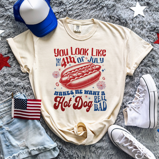 ivory graphic tee with you look like the 4th of july makes me want a hot dog real bad graphic with hot dog and fireworks