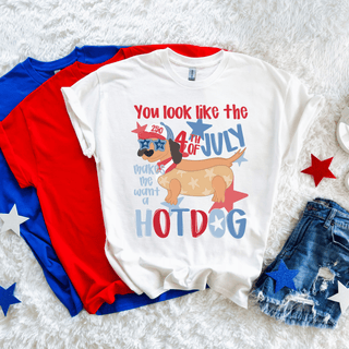 White tee flat lay with You look like the 4th of July makes me want a hotdog patriotic dachshund star design
