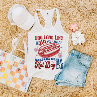 white racerback tank with you look like the 4th of july hot dog graphic design