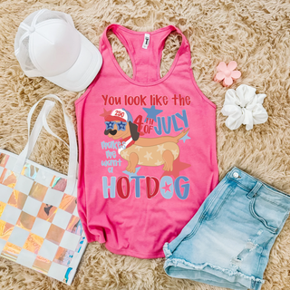 Neon pink racerback tank flat lay with You look like the 4th of July makes me want a hotdog patriotic dachshund design
