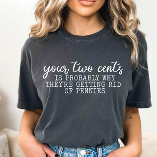 Pepper grey graphic tee with your two cents pennies saying